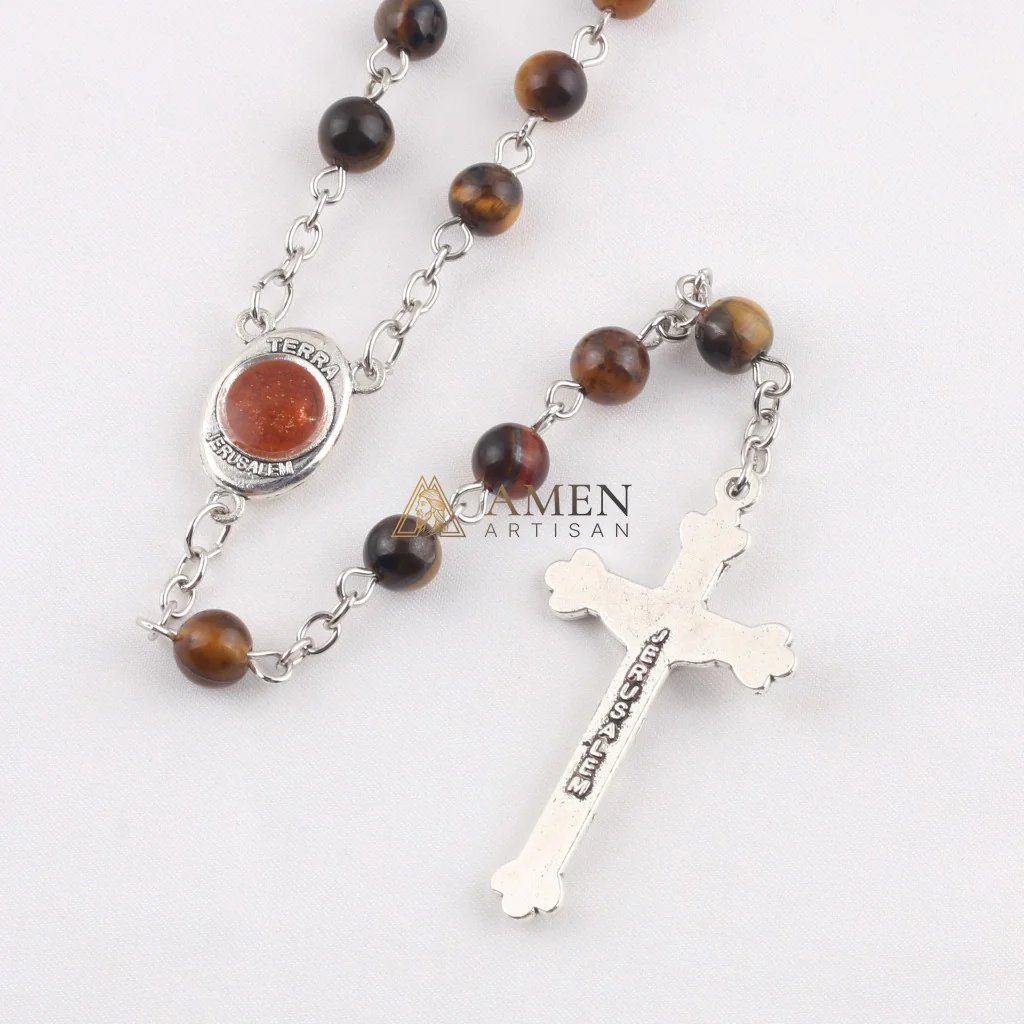 Tiger's Eye Saint Michael Crucifix Rosary Amen Artisan - Image 3