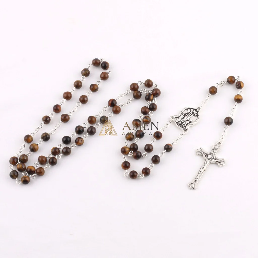 Tiger's Eye Saint Michael Crucifix Rosary Amen Artisan - Image 4