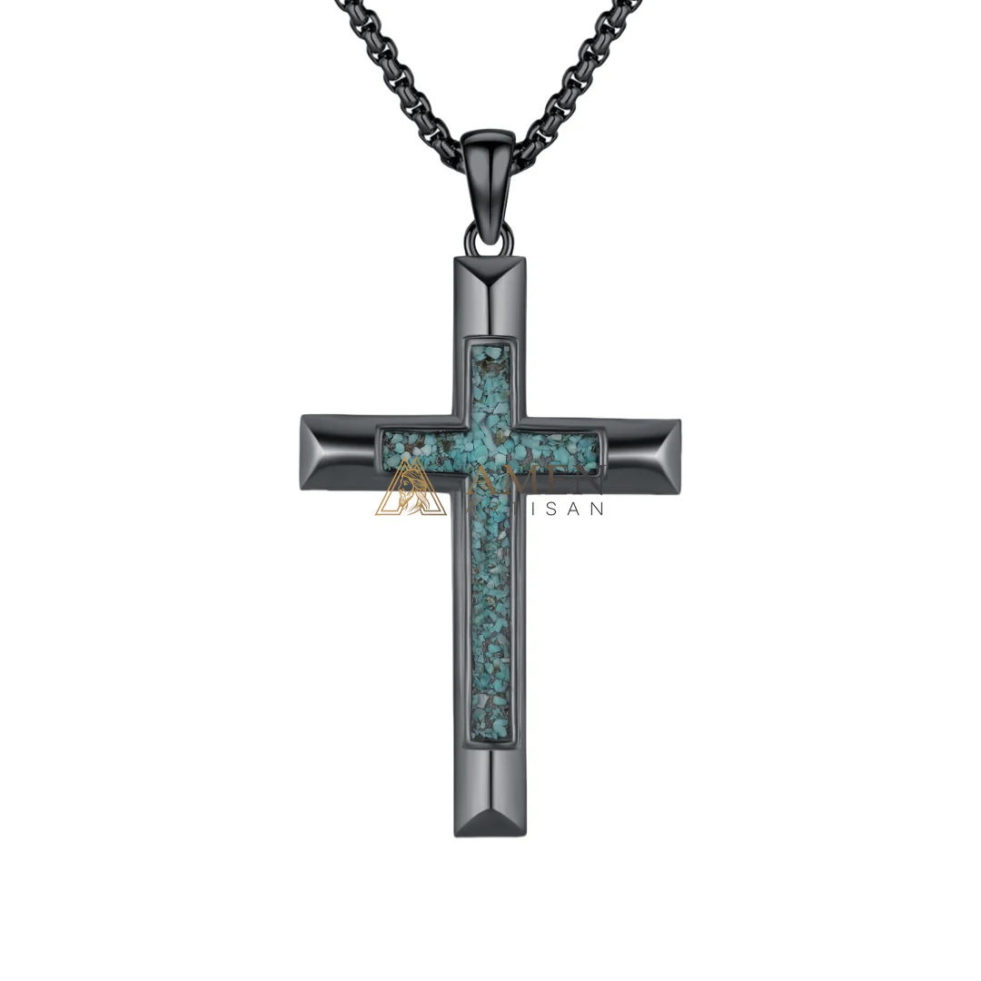Turquoise Chip Cross Pendant Necklace Amen Artisan