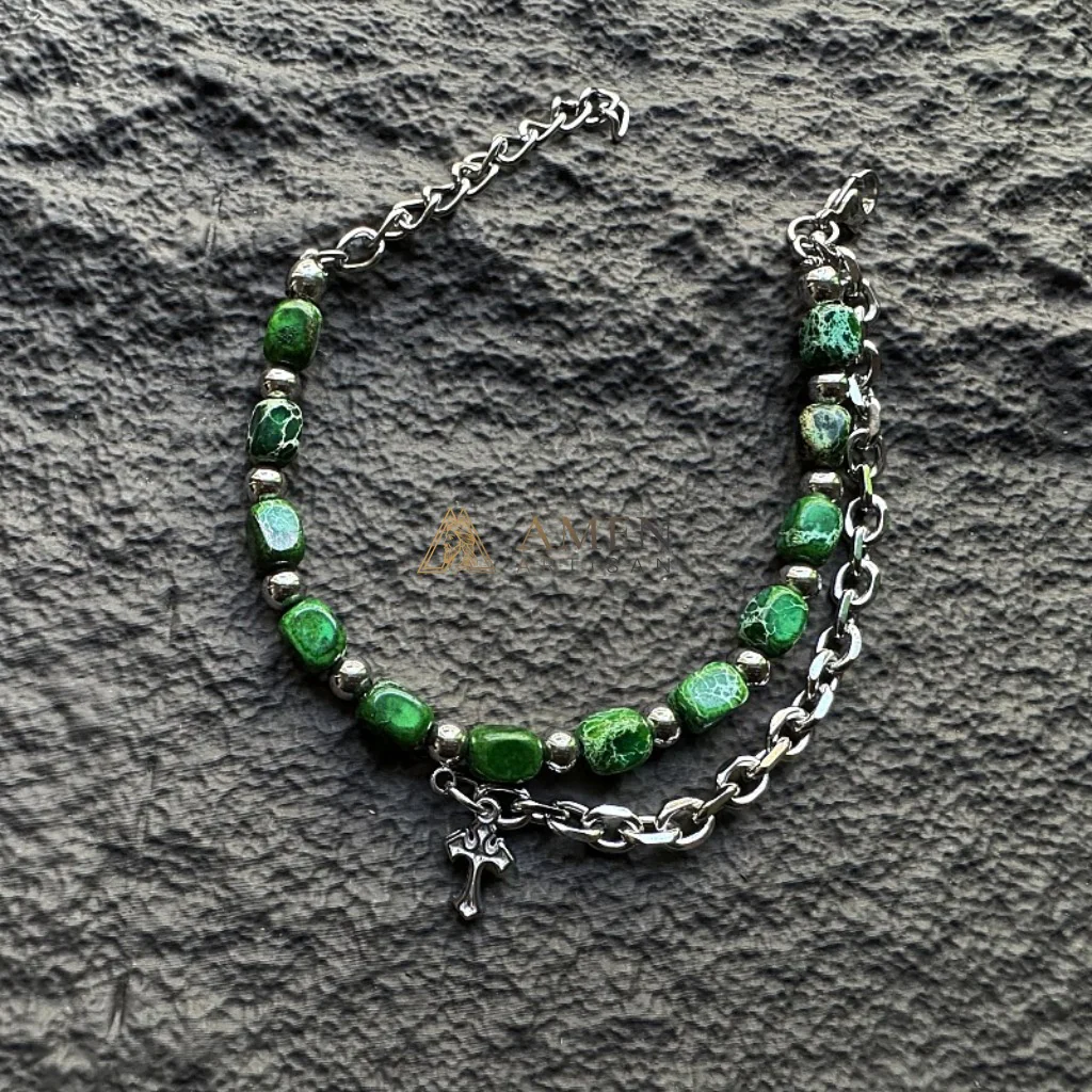 Turquoise & Titanium Steel Cross Bracelet  Amen Artisan - Image 3