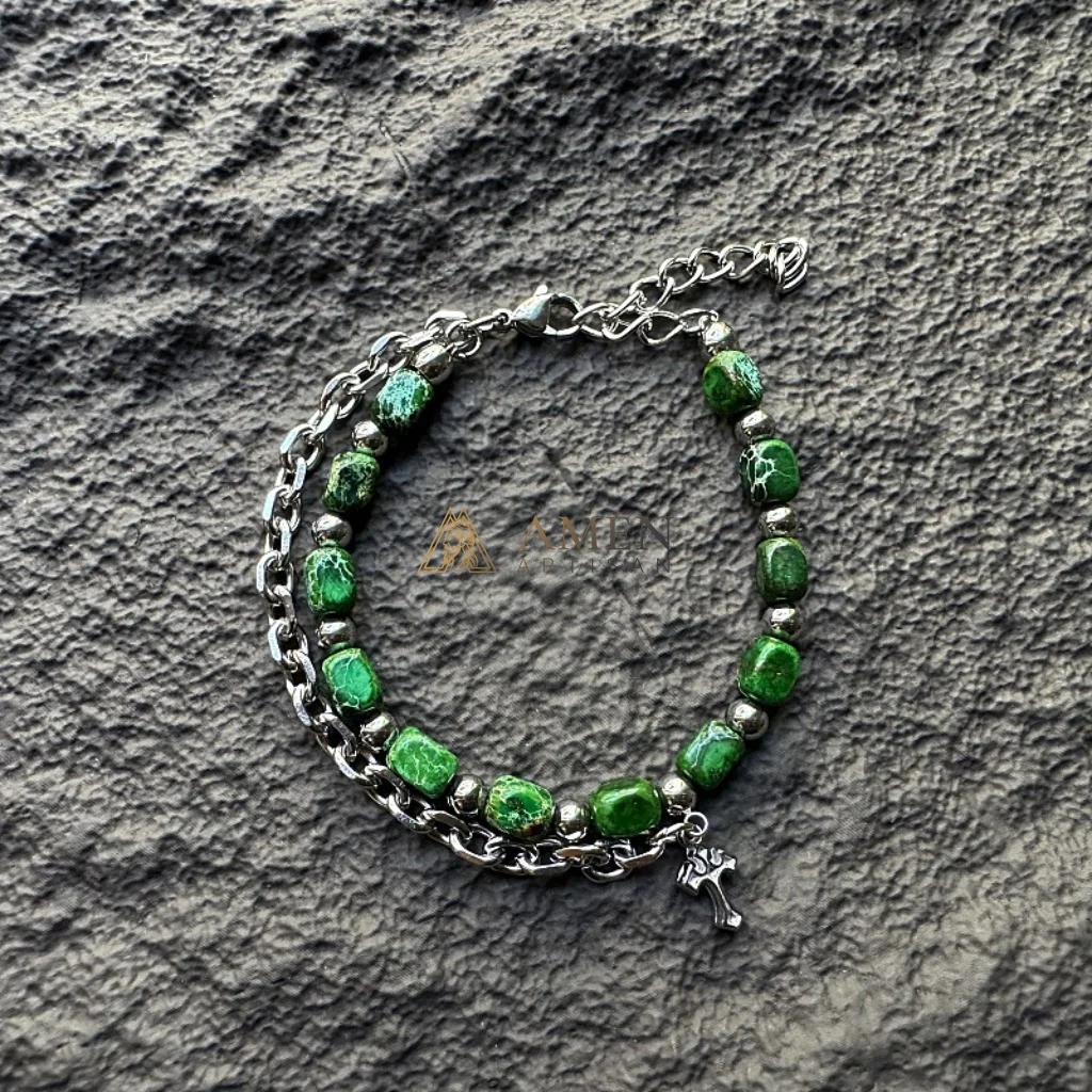 Turquoise & Titanium Steel Cross Bracelet  Amen Artisan - Image 4
