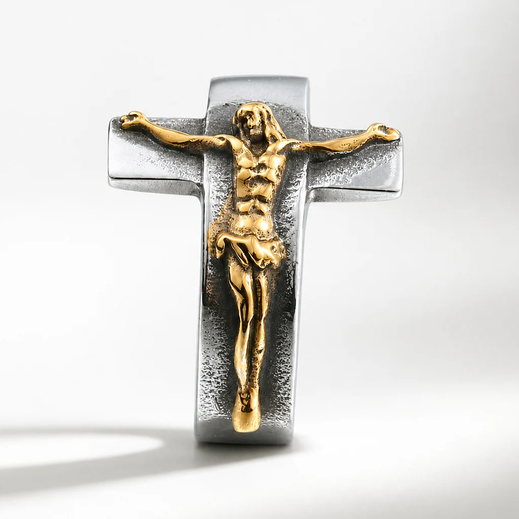 Vintage Cross Jesus Crucifix Titanium Steel Ring Amen Artisan - Image 2
