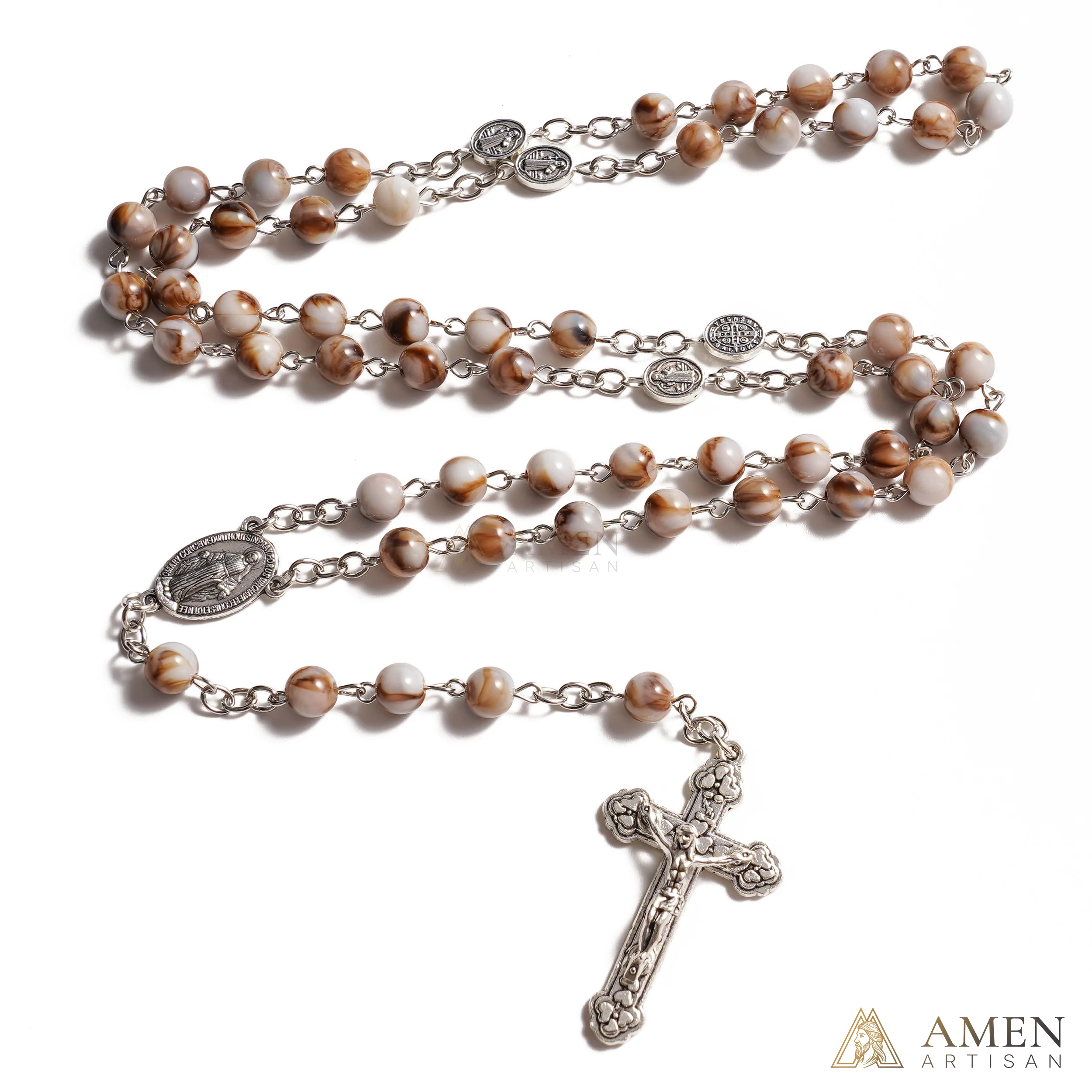 【Deal Today】Vintage Earth Tone Marble Catholic Rosary – Prayer Beads with Crucifix & Marian Medal - Image 3