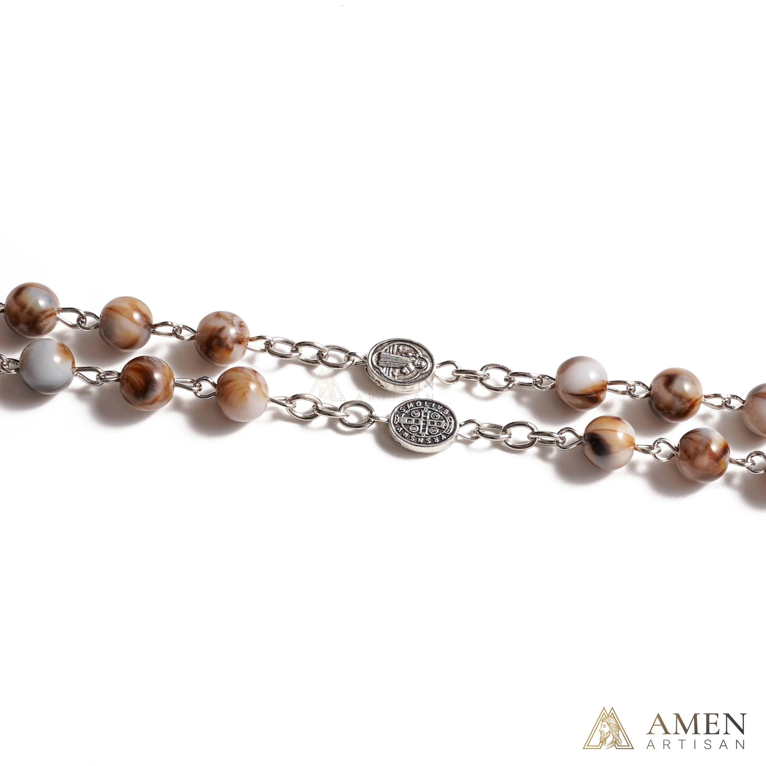 【Deal Today】Vintage Earth Tone Marble Catholic Rosary – Prayer Beads with Crucifix & Marian Medal - Image 4