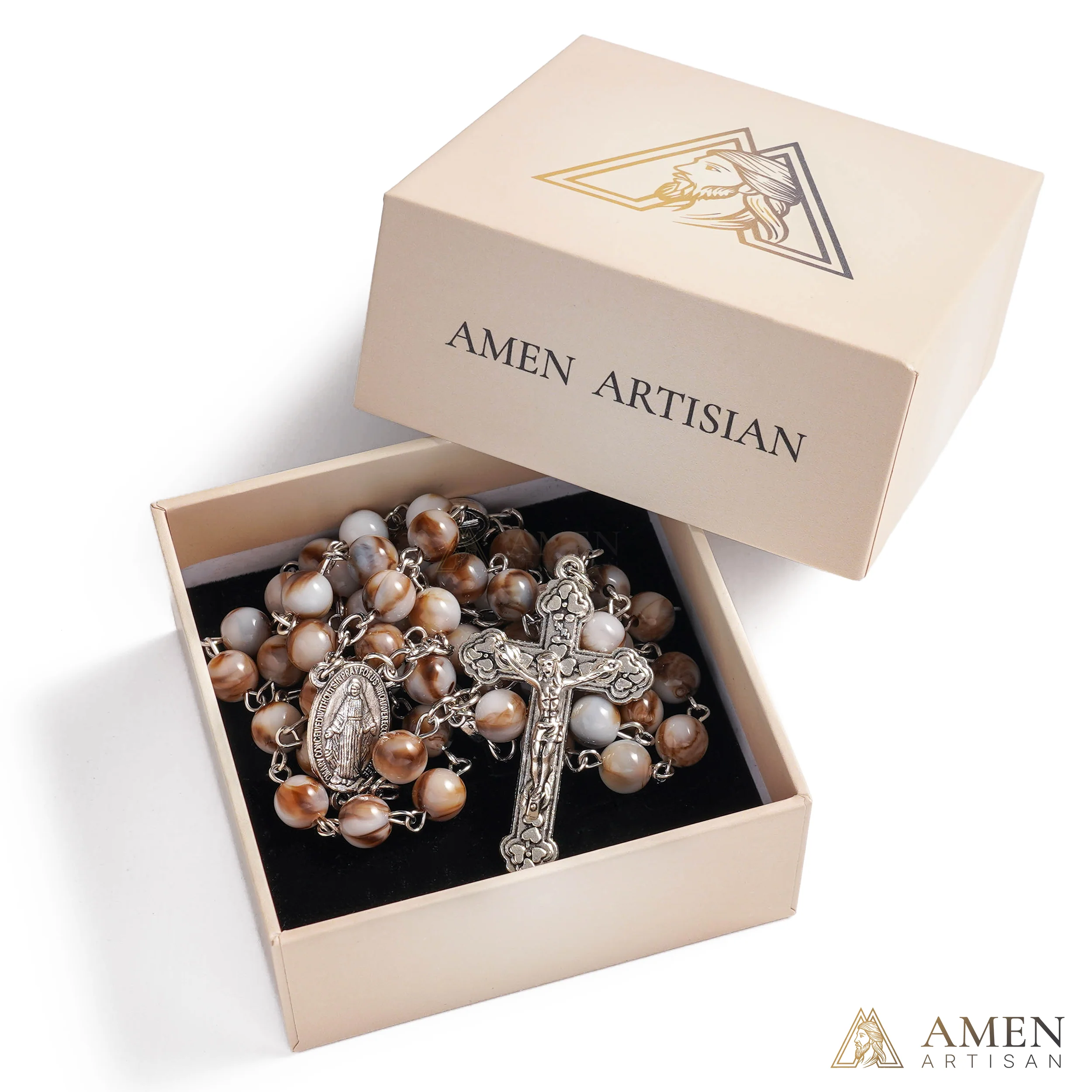 【Deal Today】Vintage Earth Tone Marble Catholic Rosary – Prayer Beads with Crucifix & Marian Medal - Image 5