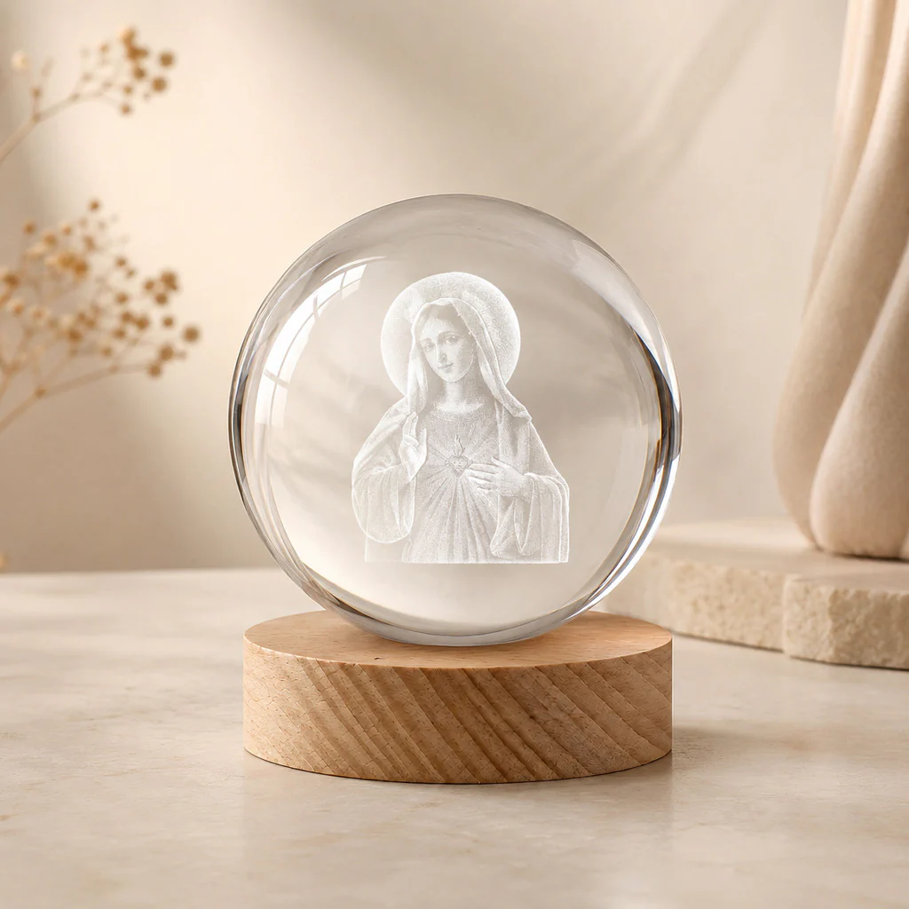 Virgin Mary Crystal Ball Night Light with Warm Wooden Base - Image 4