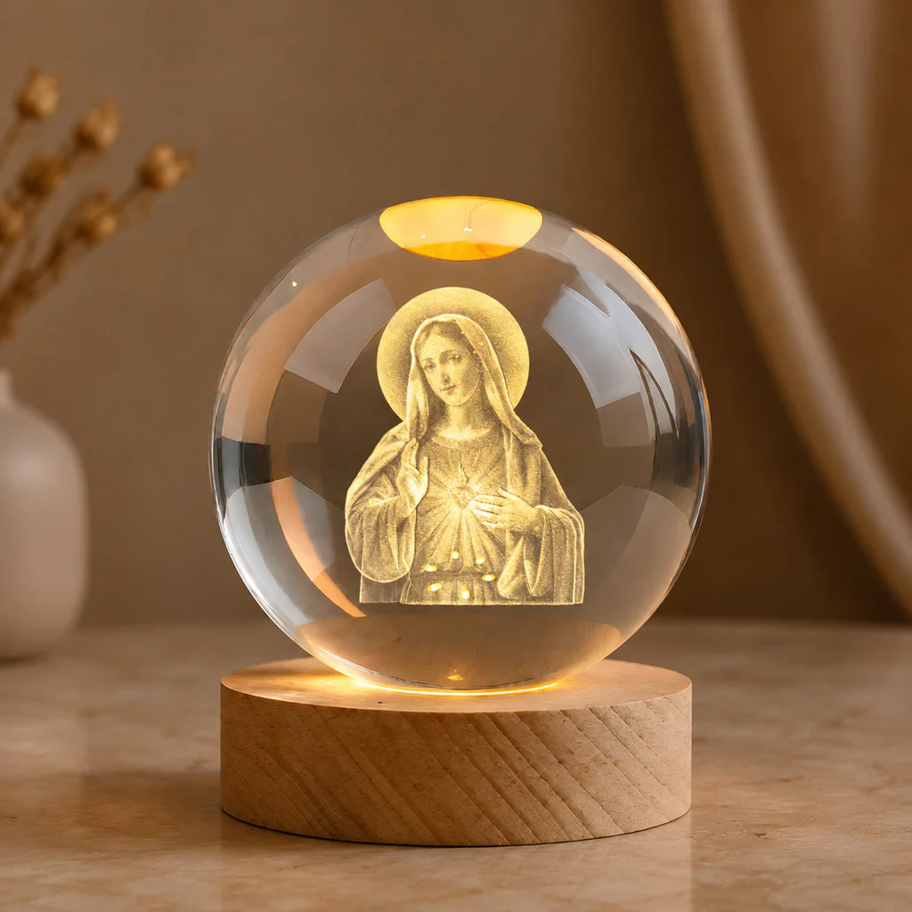 Virgin Mary Crystal Ball Night Light with Warm Wooden Base - Image 5