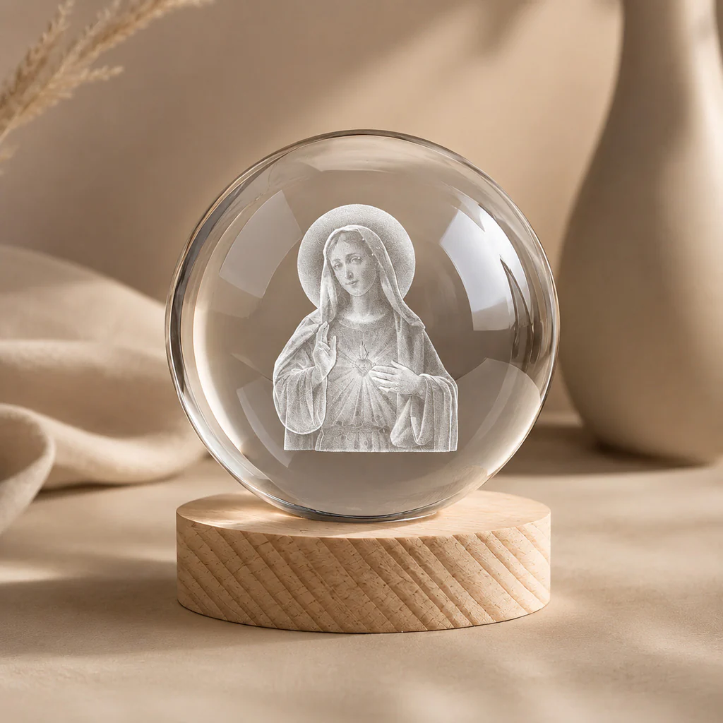 Virgin Mary Crystal Ball Night Light with Warm Wooden Base - Image 6