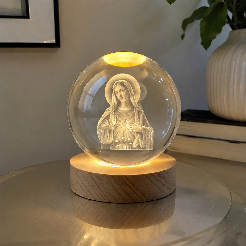 Virgin Mary Crystal Ball Night Light with Warm Wooden Base - Image 7