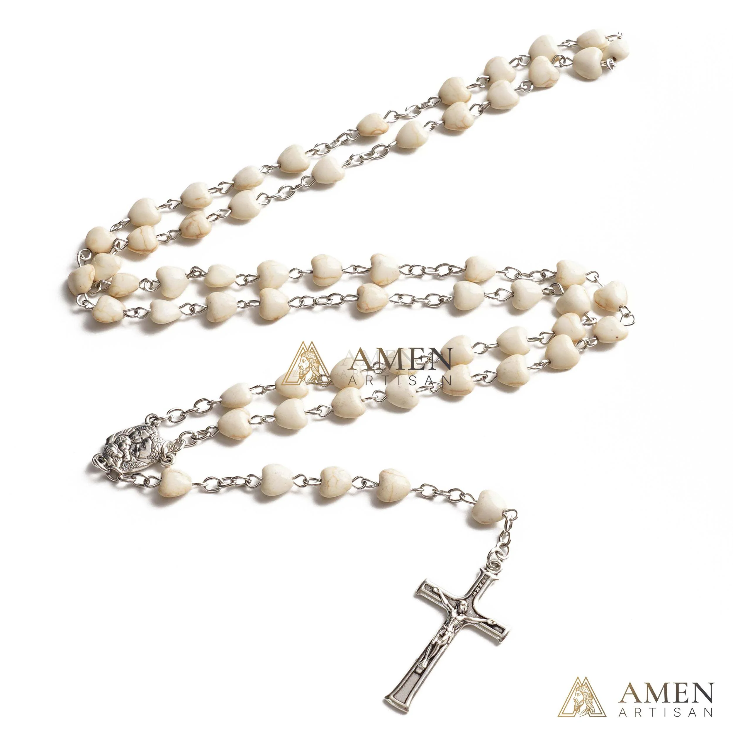 White Turquoise Heart Rosary Amen Artisan - Image 3