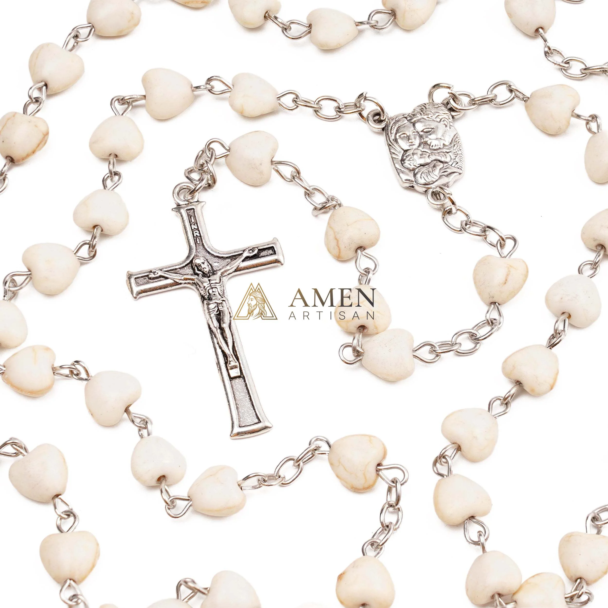 White Turquoise Heart Rosary Amen Artisan - Image 4