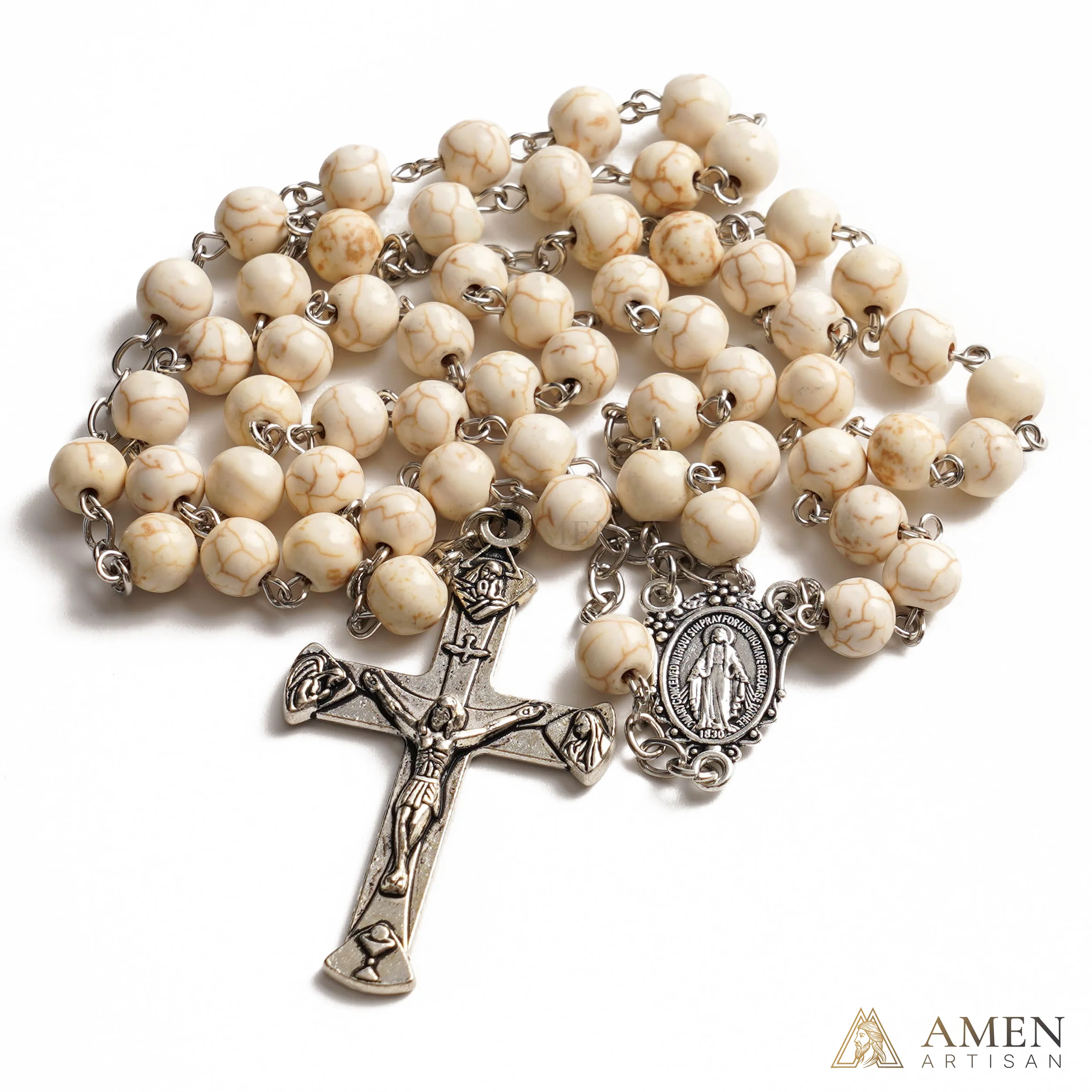 White Turquoise Miraculous Medal Rosary Amen Artisan - Image 2