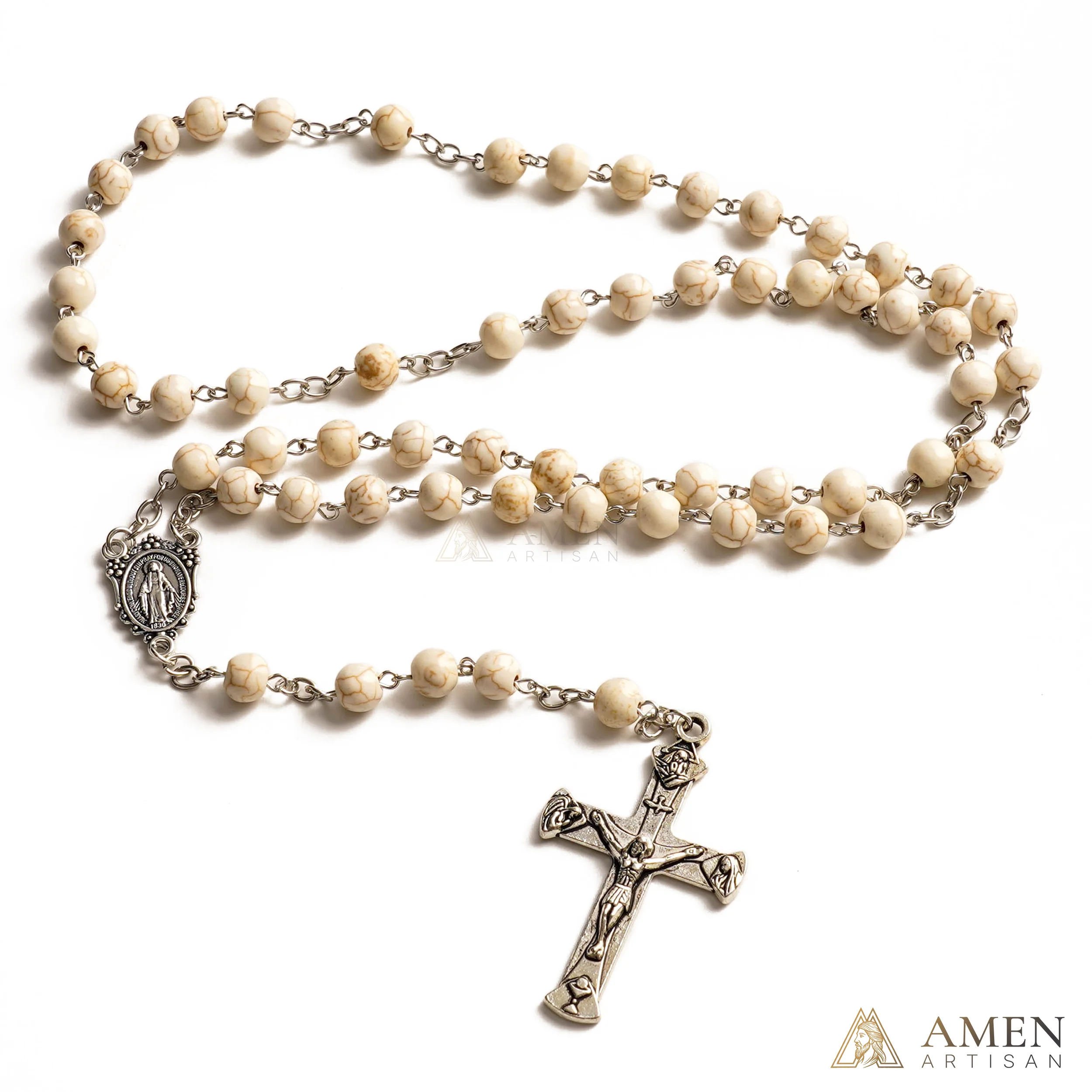 White Turquoise Miraculous Medal Rosary Amen Artisan - Image 3