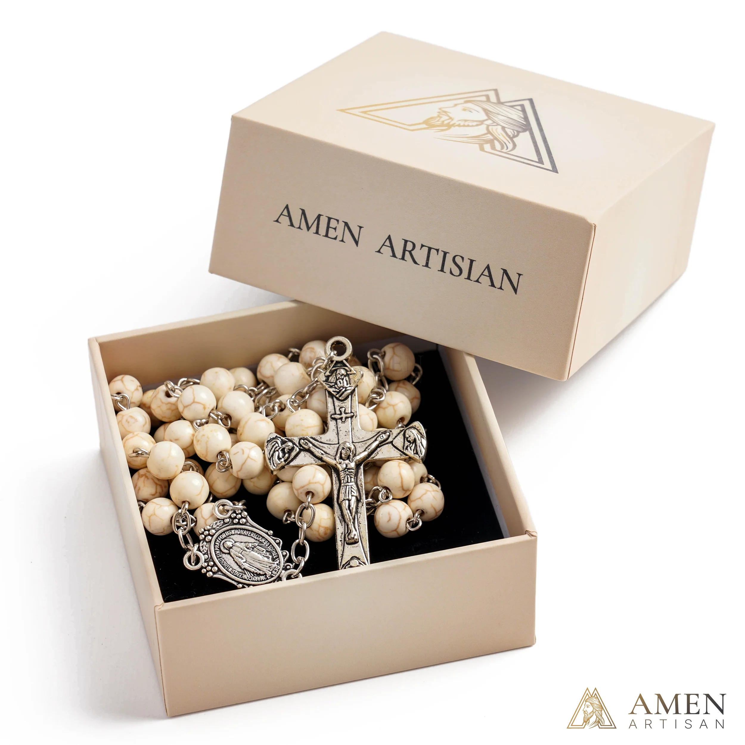 White Turquoise Miraculous Medal Rosary Amen Artisan - Image 5