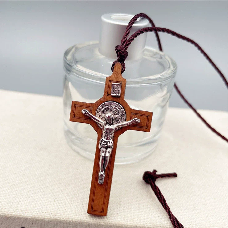 Wood Inlaid Metal Crucifix Cross Necklace Amen Artisan - Image 3