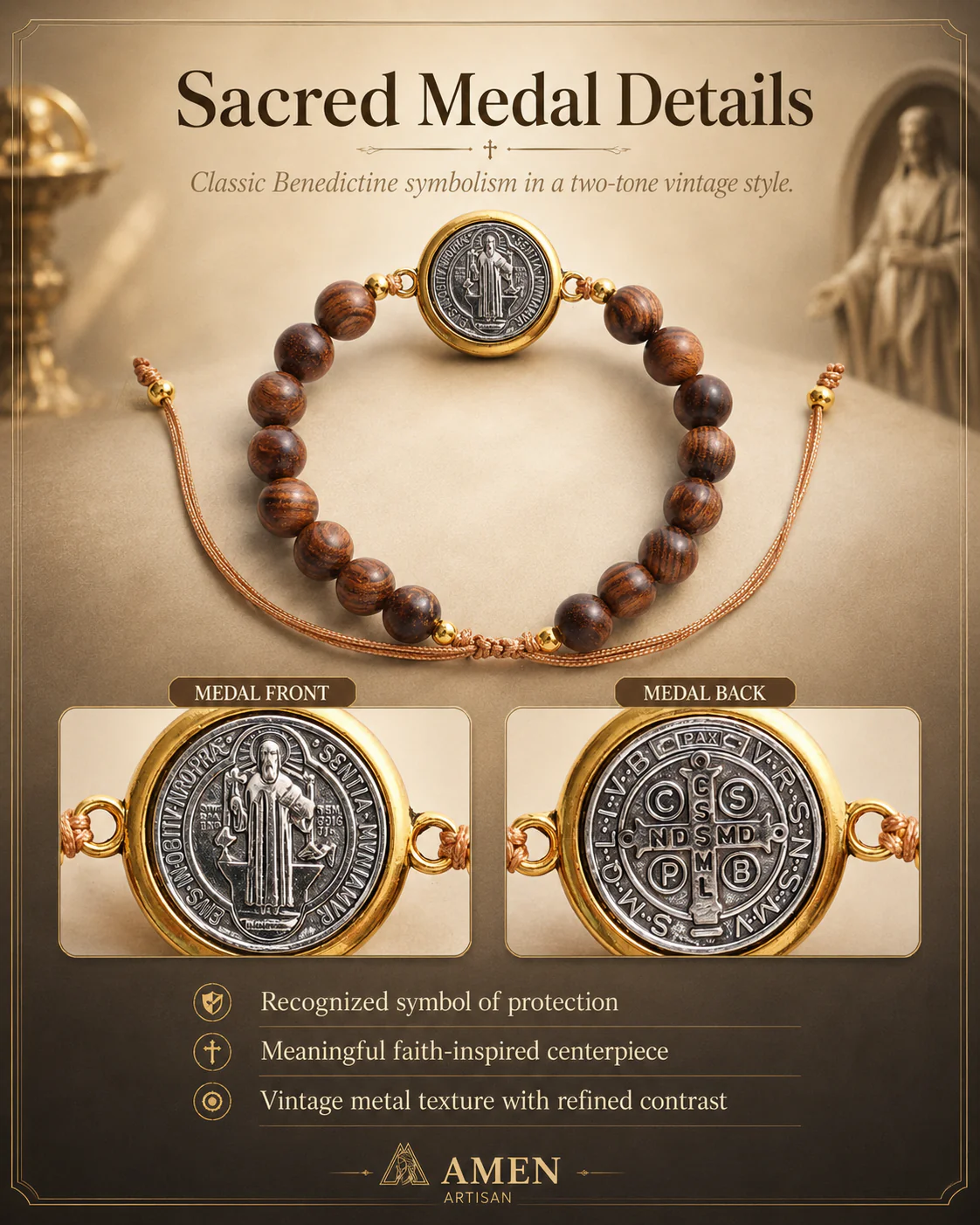 Wooden Beads Saint Benedict Medal Adjustable Bracelet Amen Artisan - Image 10