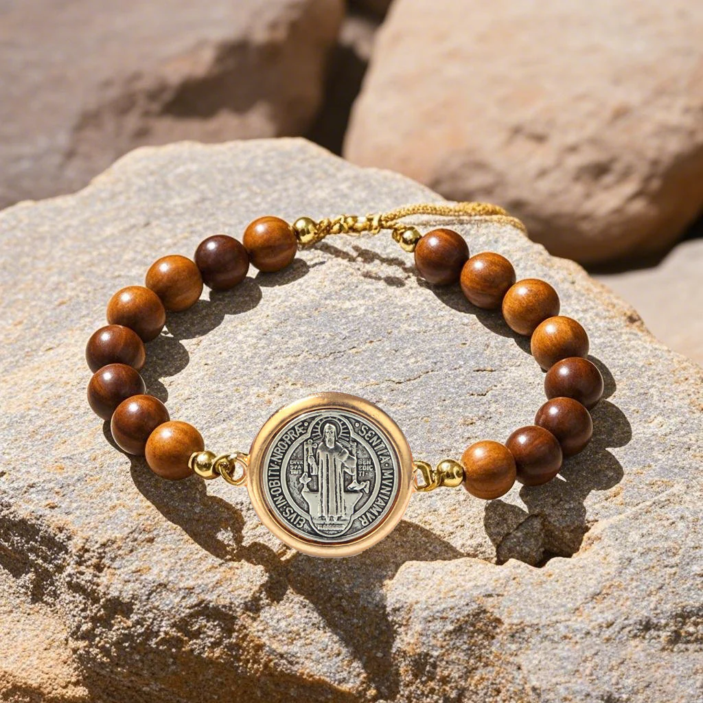 Wooden Beads Saint Benedict Medal Adjustable Bracelet Amen Artisan - Image 3