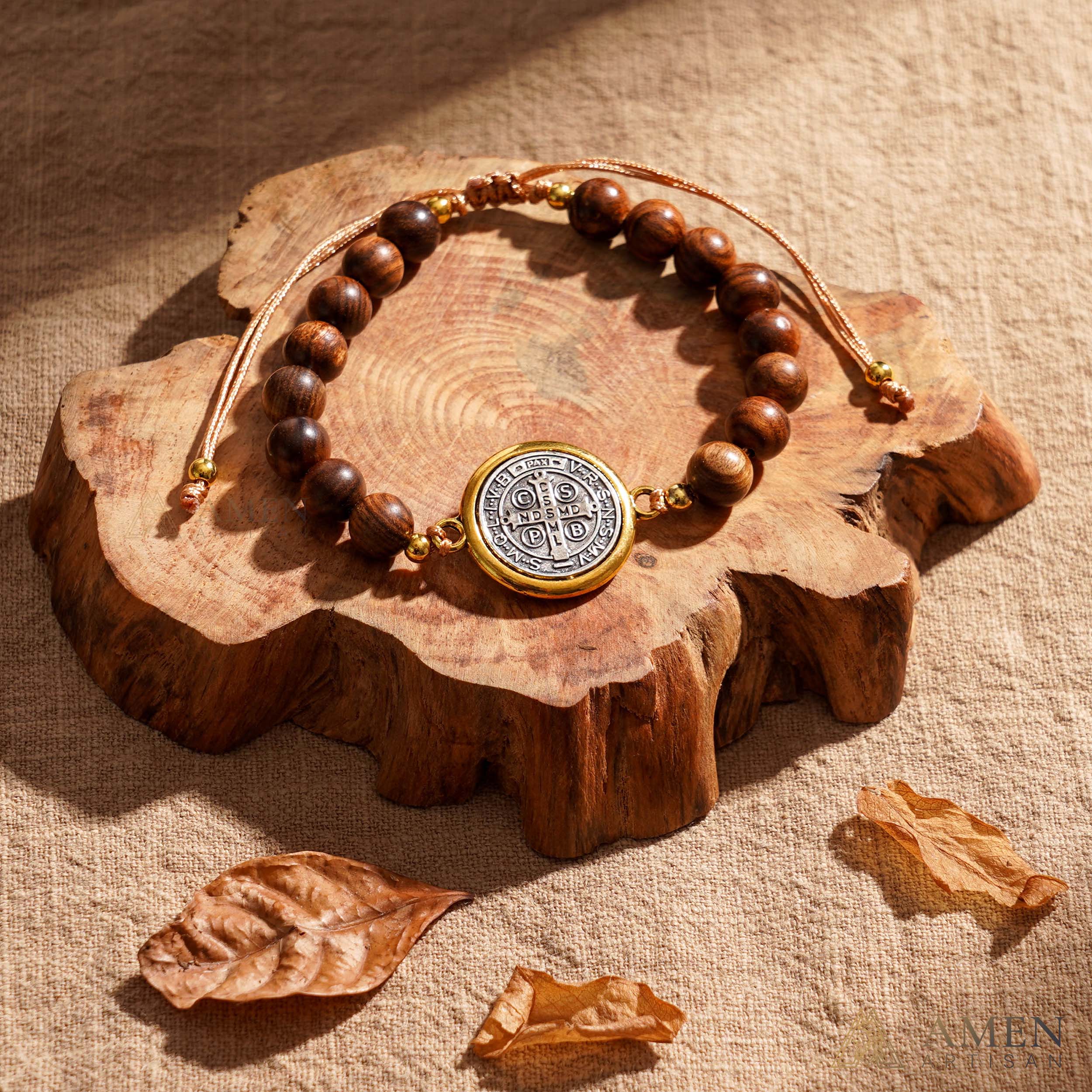 Wooden Beads Saint Benedict Medal Adjustable Bracelet Amen Artisan - Image 4