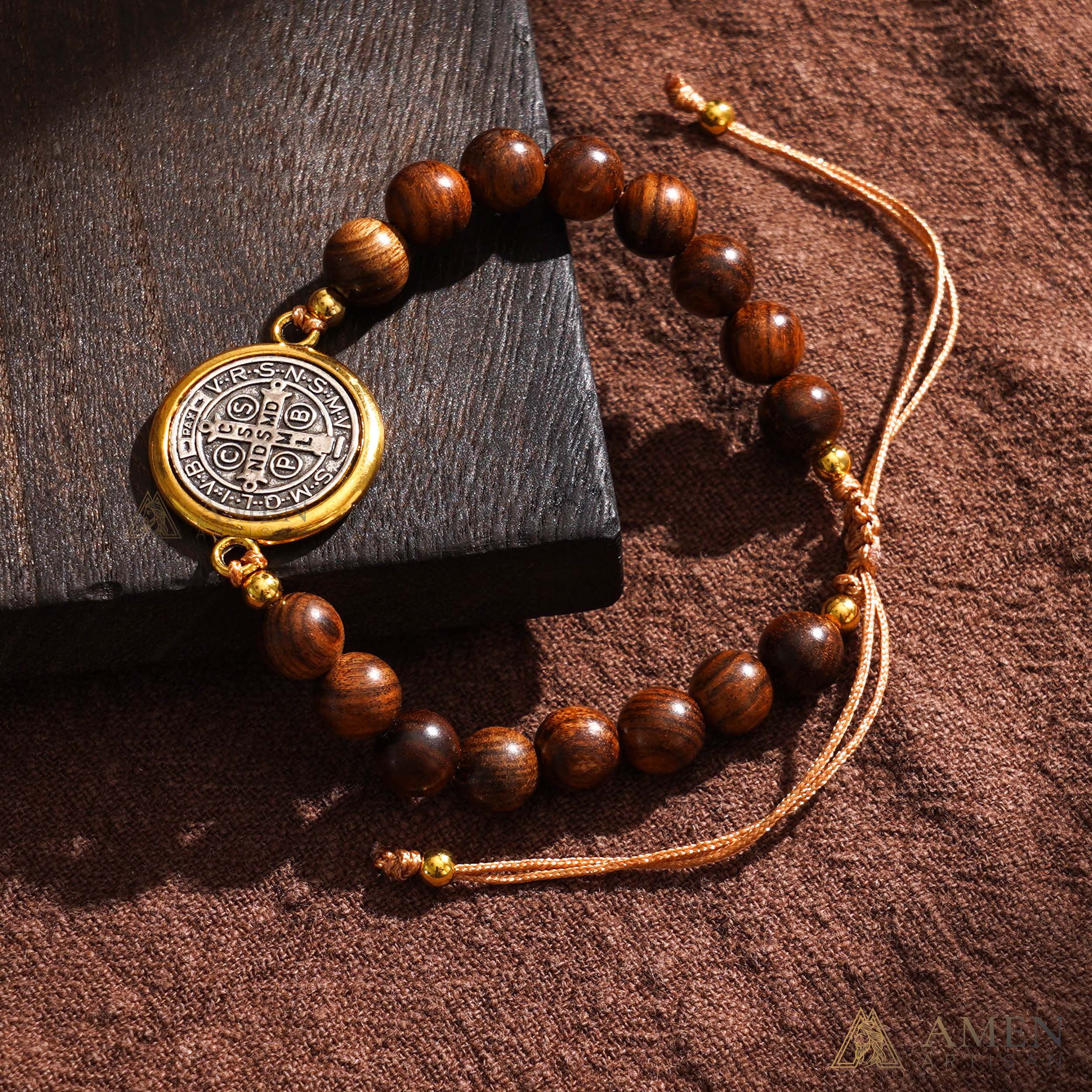 Wooden Beads Saint Benedict Medal Adjustable Bracelet Amen Artisan - Image 5