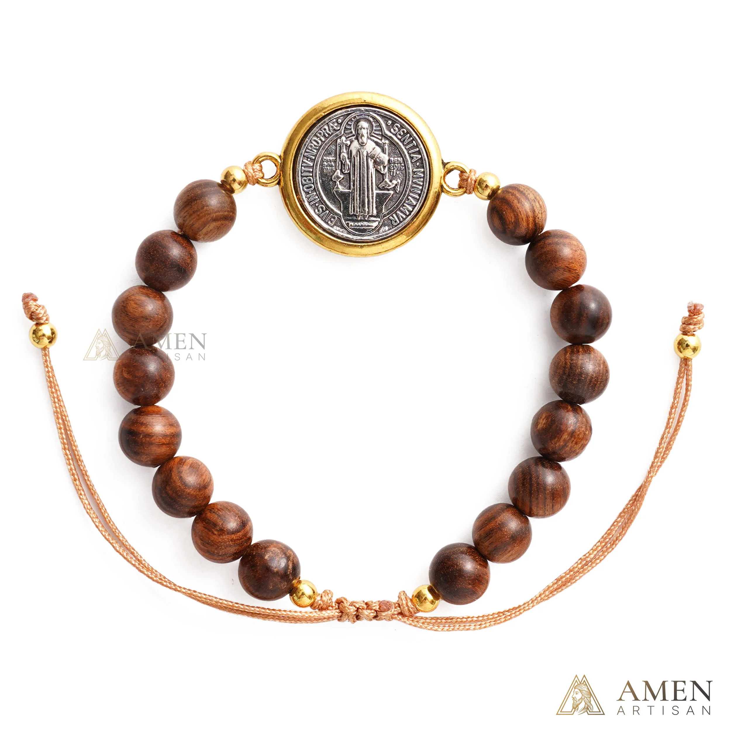 Wooden Beads Saint Benedict Medal Adjustable Bracelet Amen Artisan - Image 6