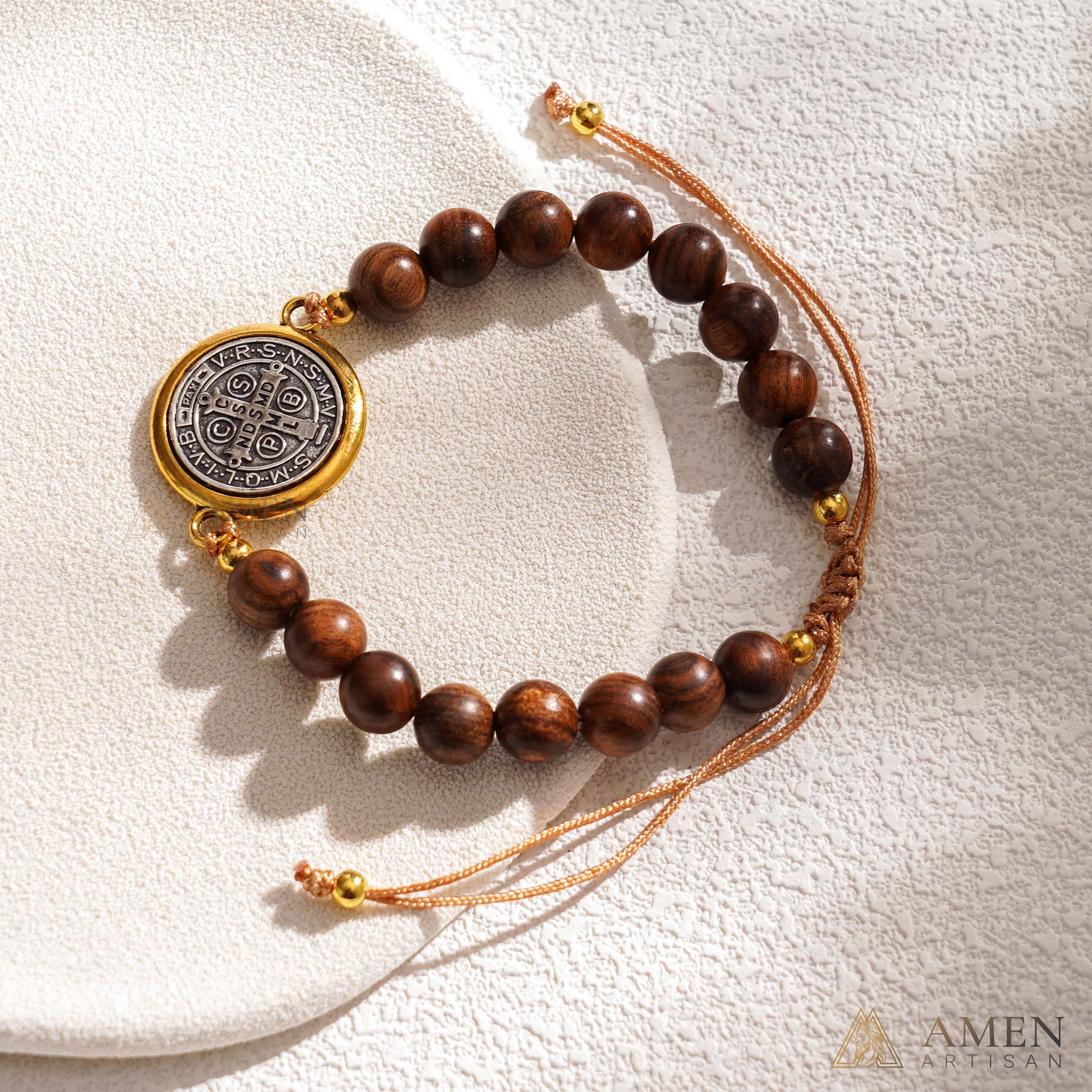 Wooden Beads Saint Benedict Medal Adjustable Bracelet Amen Artisan - Image 9