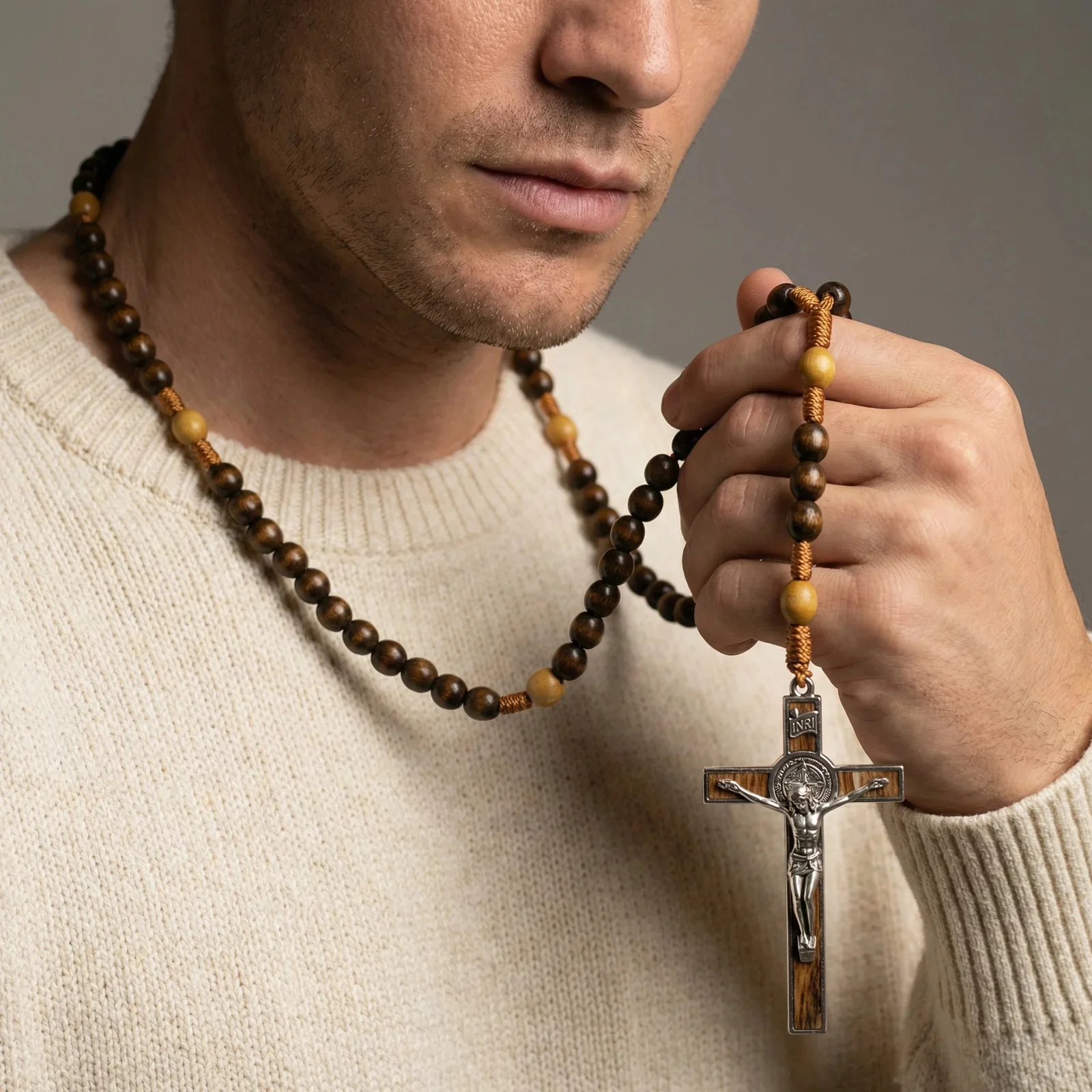 Woven Cord Wooden Rosary with St. Benedict Medal Cross - Sacred Blessing | Amen Artisan