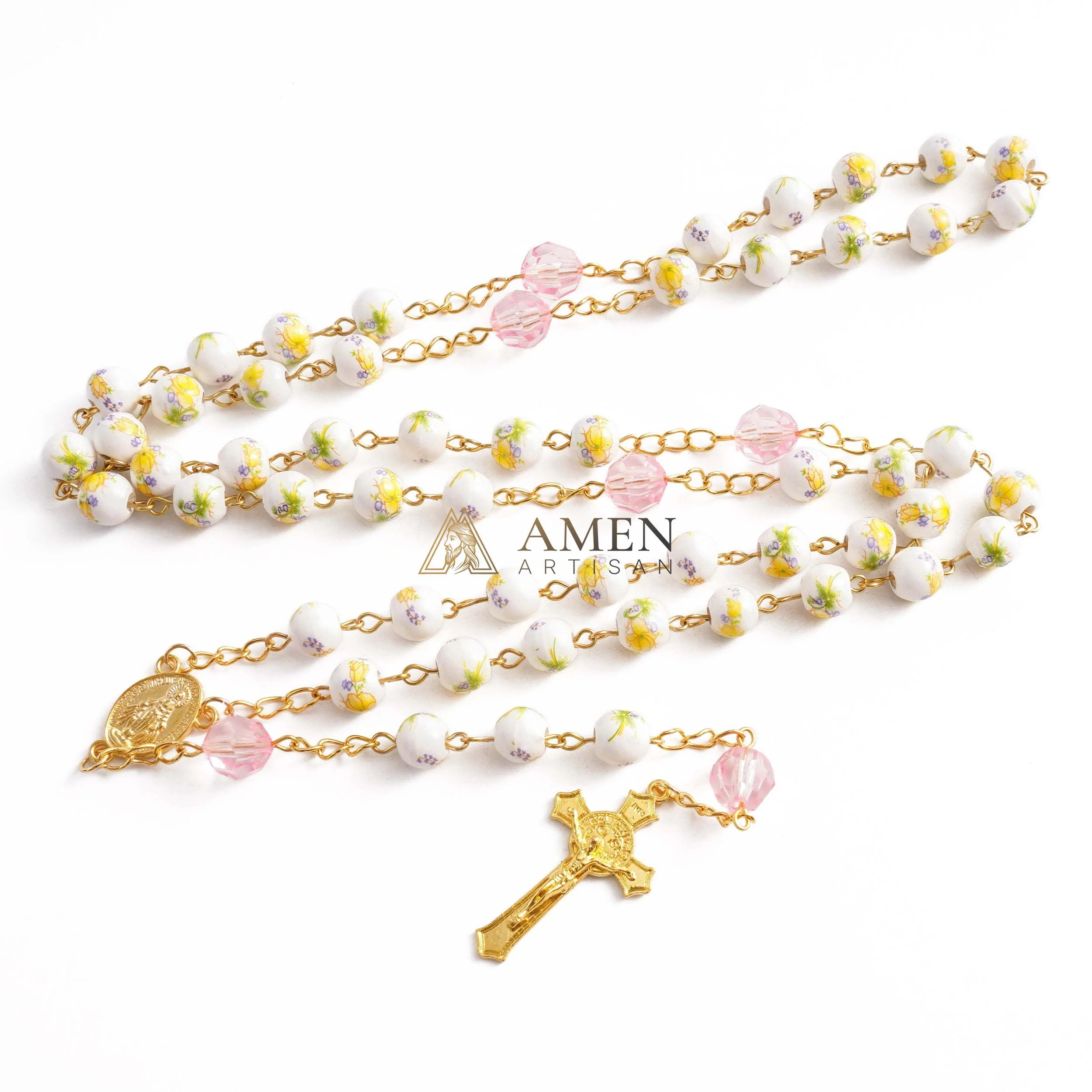 Yellow Floral Ceramic Rosary Amen Artisian - Image 3