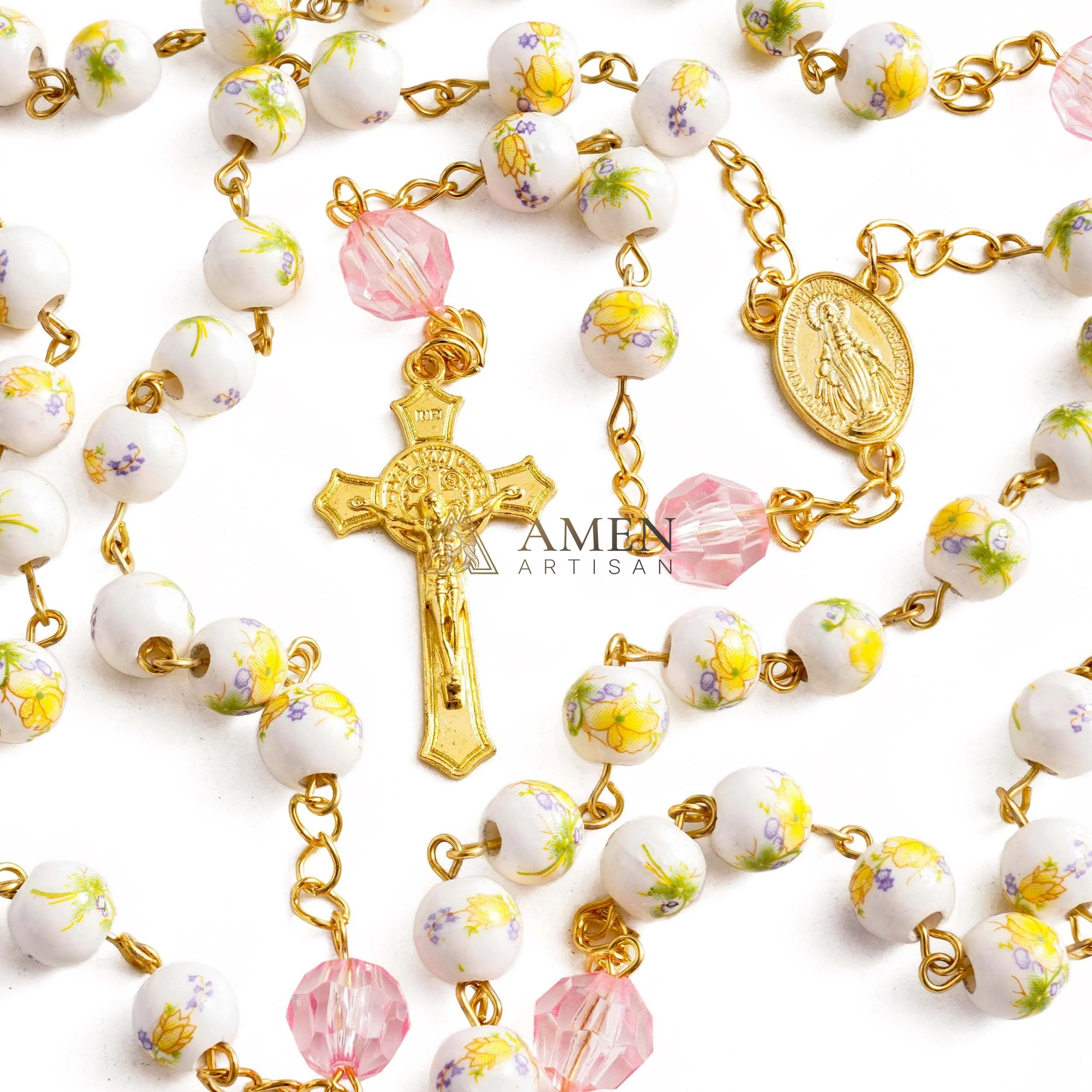 Yellow Floral Ceramic Rosary Amen Artisian - Image 4