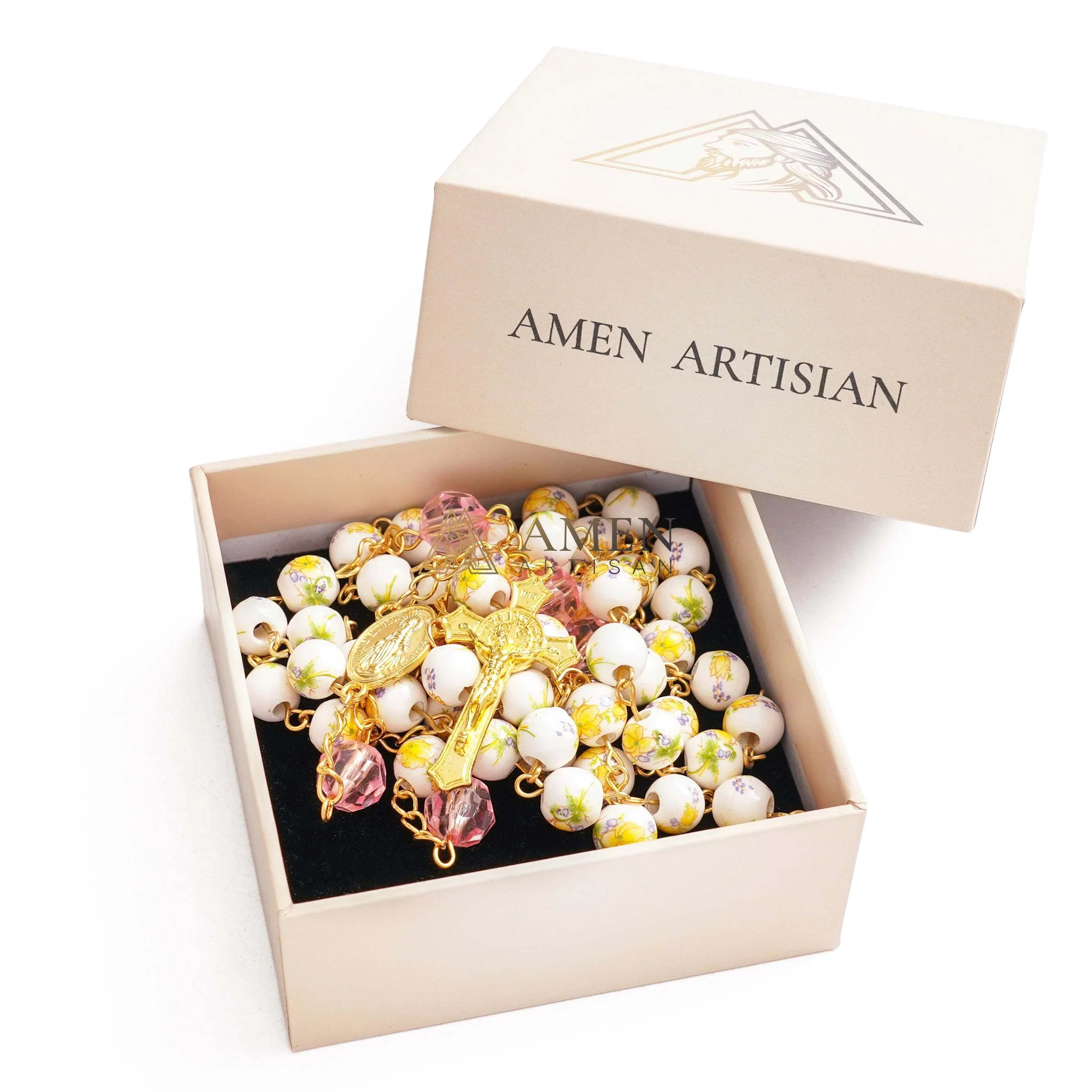 Yellow Floral Ceramic Rosary Amen Artisian - Image 6