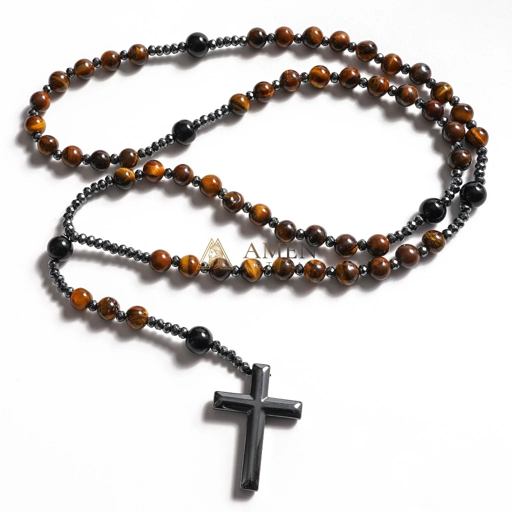 Yellow Tiger Eye Cross Rosary Amen Artisan - Image 2