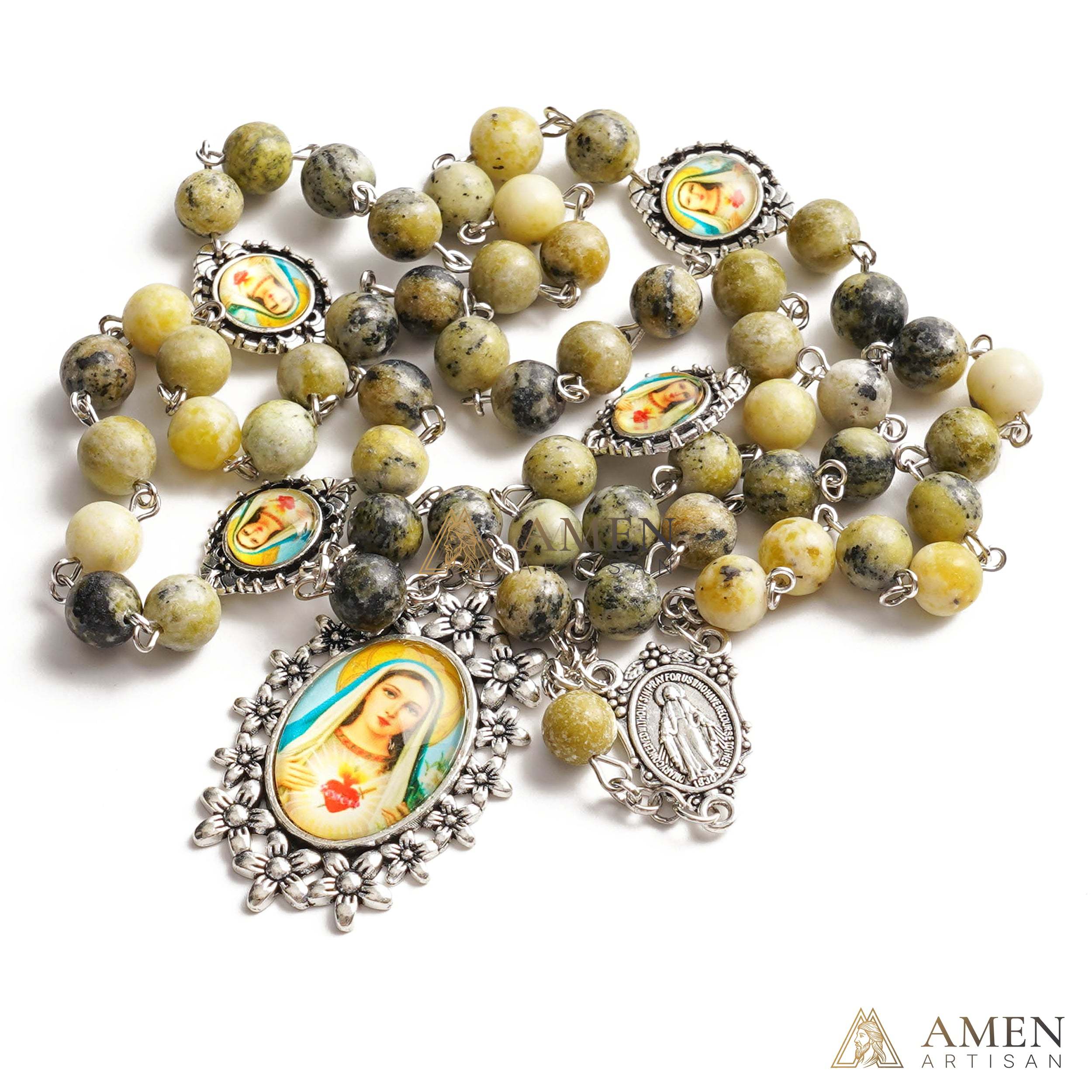 Yellow Turquoise Immaculate Heart of Mary Rosary Amen Artisan - Image 2