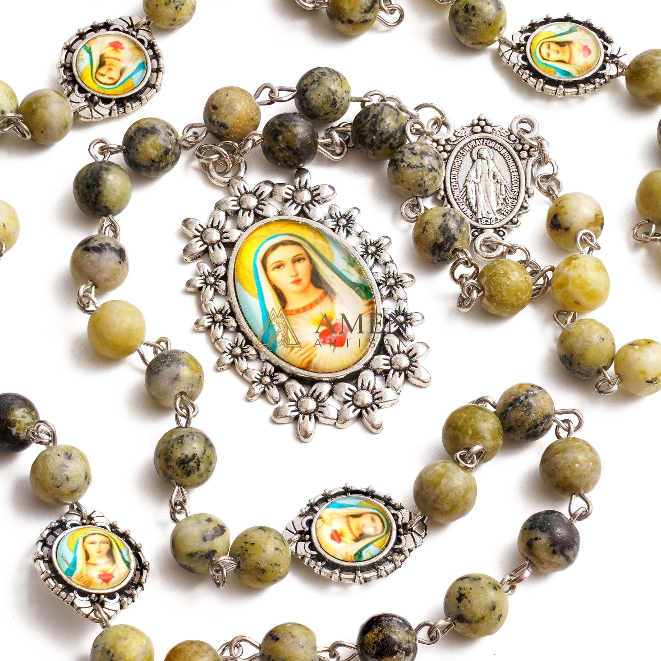 Yellow Turquoise Immaculate Heart of Mary Rosary Amen Artisan - Image 4