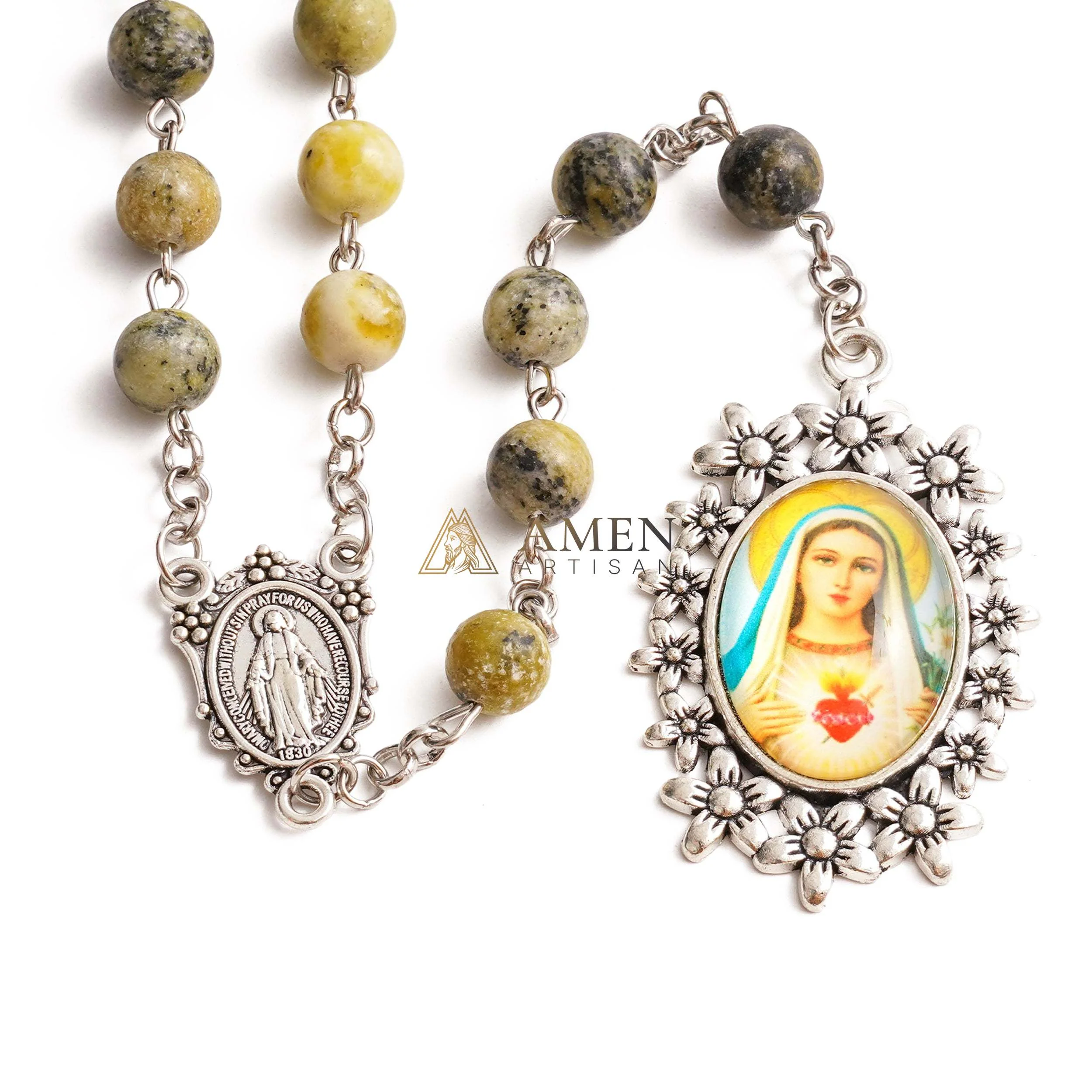 Yellow Turquoise Immaculate Heart of Mary Rosary Amen Artisan - Image 5
