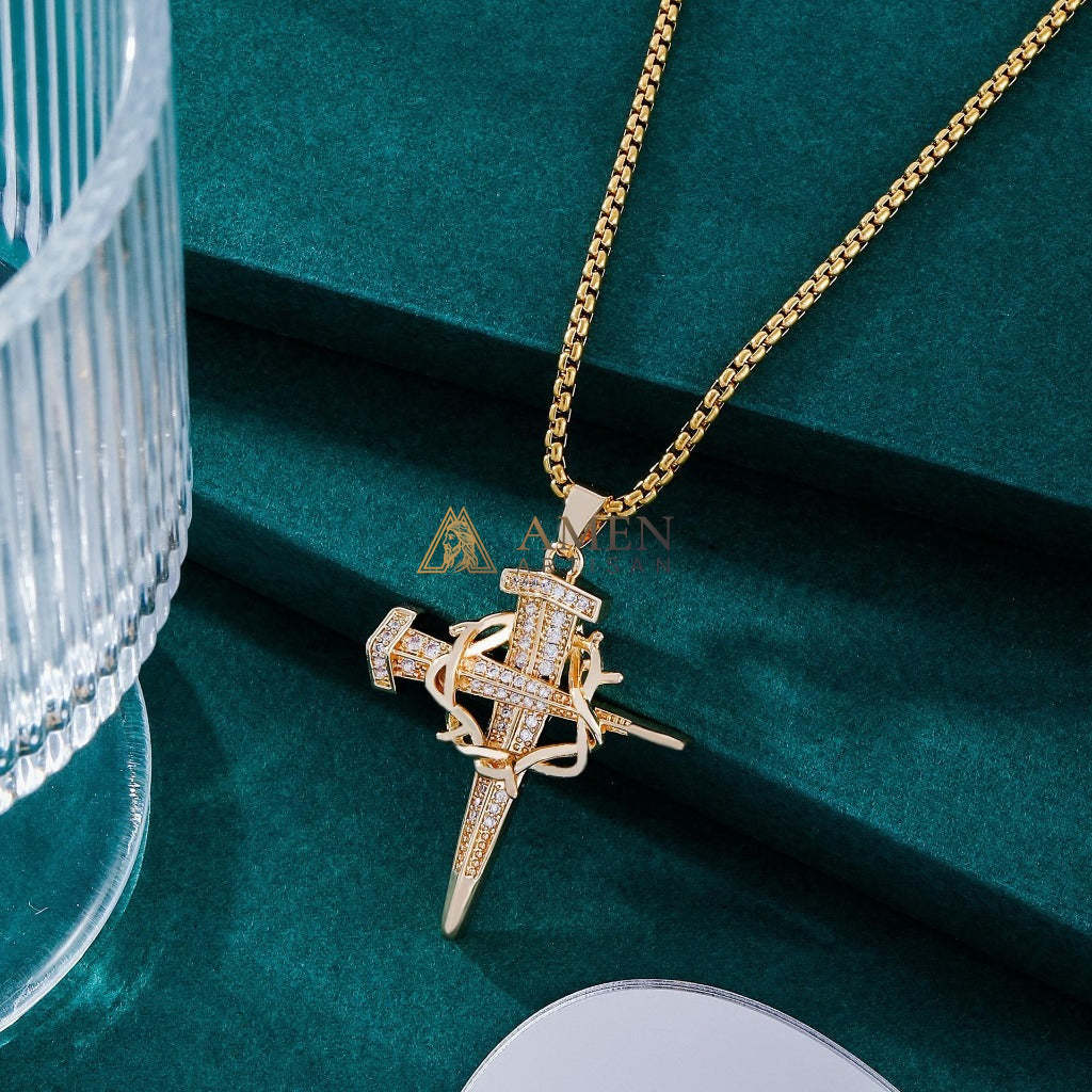 Zircon Nail & Crown of Thorns Cross Pendant Necklace Amen Artisan - Image 2