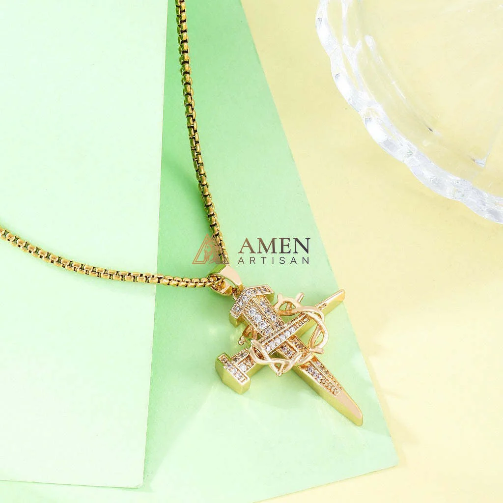 Zircon Nail & Crown of Thorns Cross Pendant Necklace Amen Artisan - Image 3