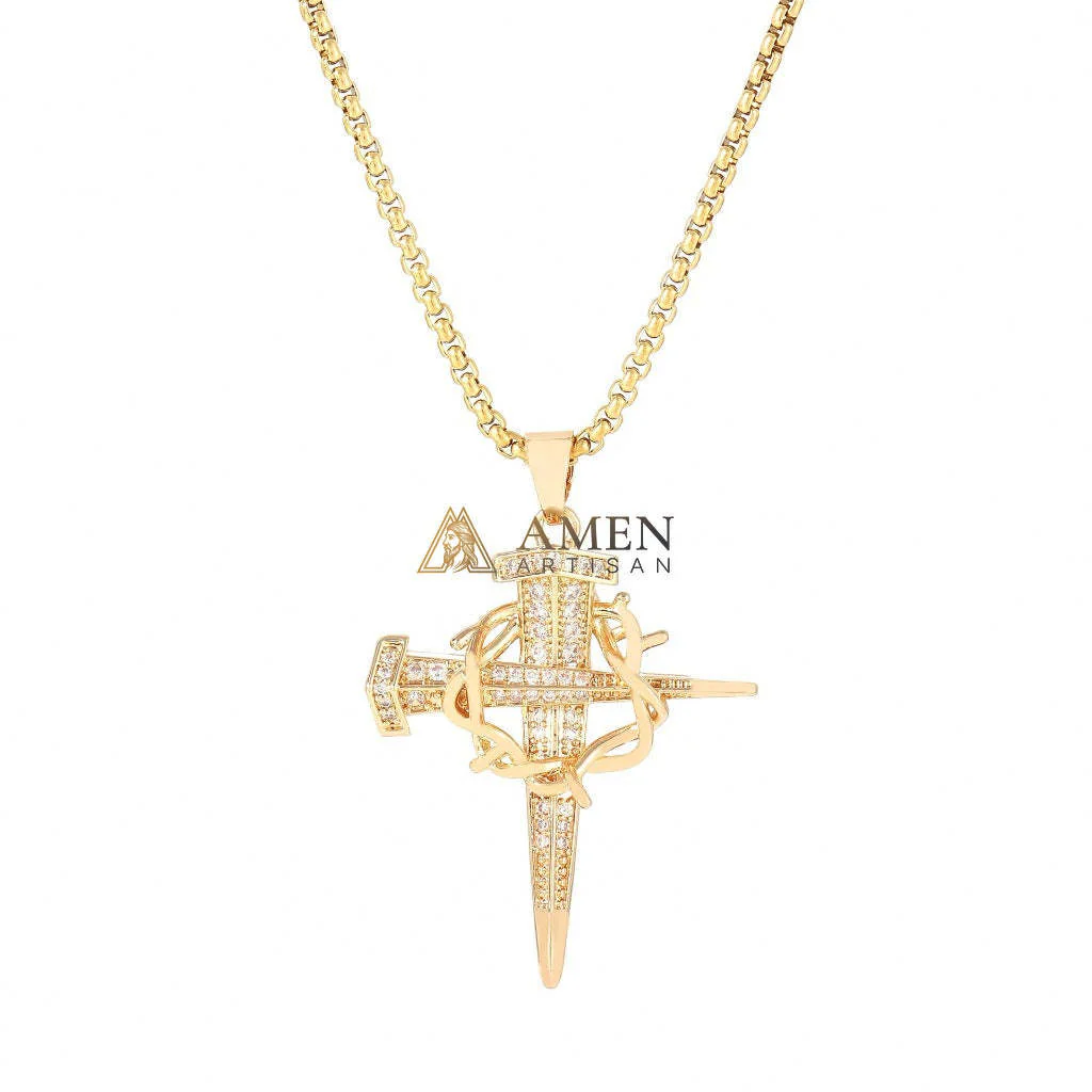 Zircon Nail & Crown of Thorns Cross Pendant Necklace Amen Artisan - Image 4