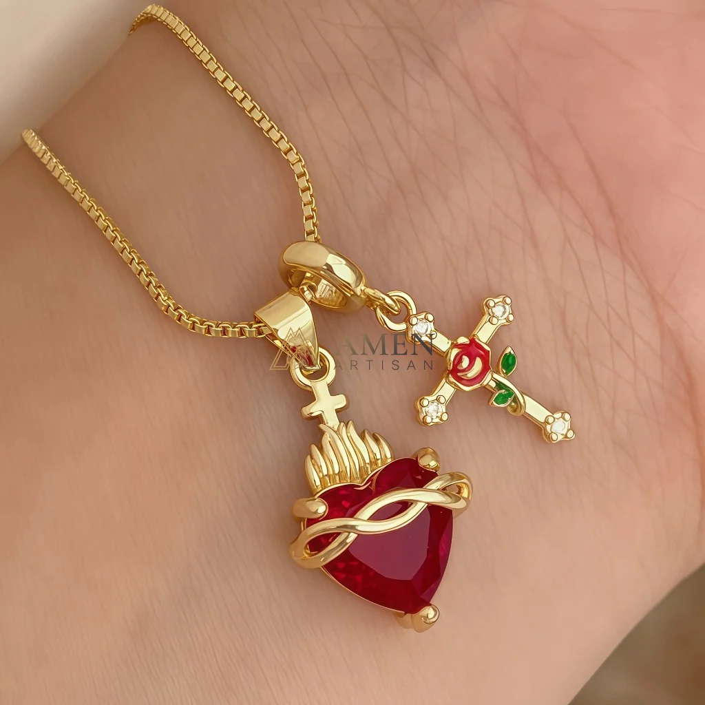 Zircon Sacred Heart & Rose Cross Double Pendant Necklace Amen Artisan