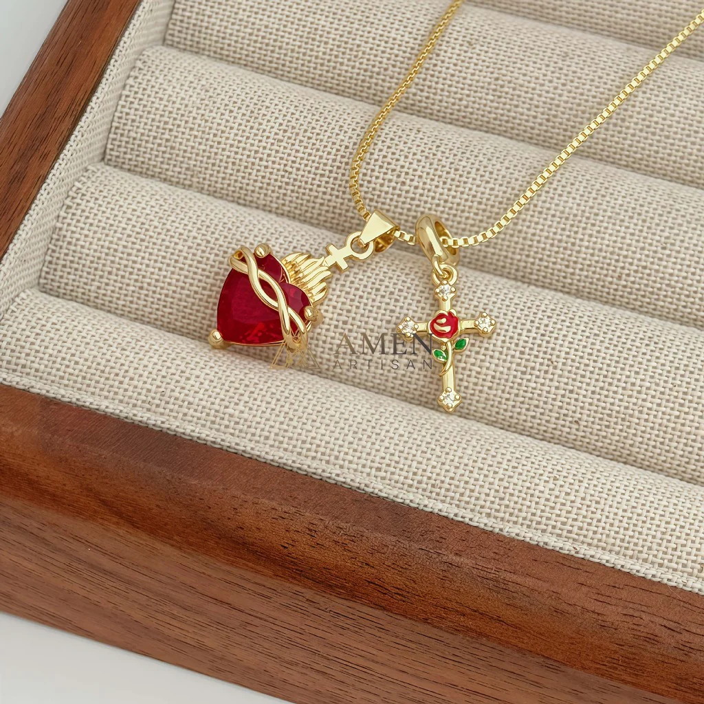 Zircon Sacred Heart & Rose Cross Double Pendant Necklace Amen Artisan - Image 4